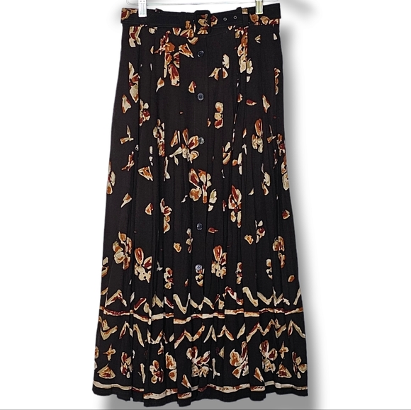 Together Vintage Maxi Skirt Size 8 Dark Brown Floral Pleated Button Front Modest - Picture 8 of 8